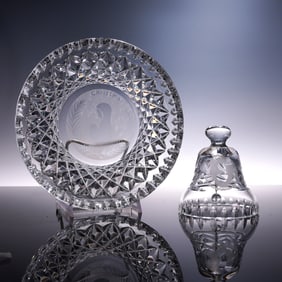 Pair of Cut Crystal Christmas Themed Plate & Bell