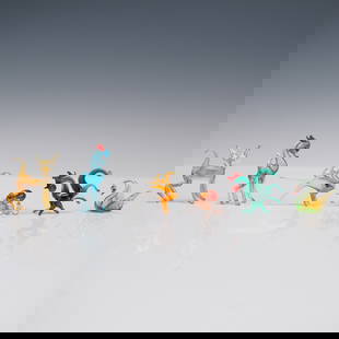 7pc Group of Hand-Blown Art Glass Animal Miniatures: Charming group of seven whimsical miniature glass figures including a cat, horse, goldfish, octopus, swan, and two dragon-like or mythical creatures. Each figure is finely hand-blown in translucent an