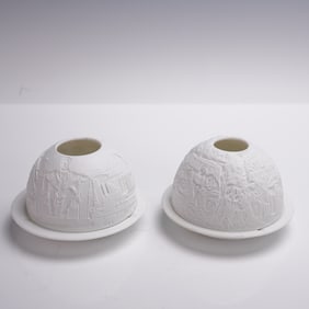 Pair of Bernardaud Bisque Porcelain Votives, Washington Dc & Nativity Scene