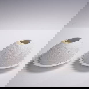 Pair of Bernardaud Bisque Porcelain Votives, Washington Dc & Nativity Scene: This elegant matched pair of Bernardaud porcelain votive lights showcases two classic lithophane designs: one depicting iconic Washington?D.C. landmarks and the other illustrating a serene Nativity sc