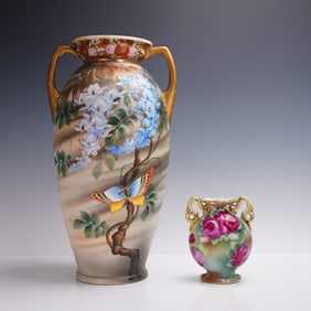 2pc Hand Painted Nippon Vases with Floral & Butterfly Motifs