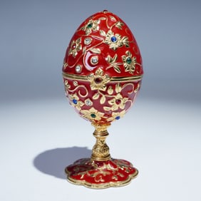 Krischerco Imperial Egg, Red and Gold Enamel with Quartz Clock
