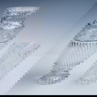 2pc Cut Lead Crystal Vases Including Bohemia Czech Crystal: A group of two clear cut lead crystal vases, each showcasing fine craftsmanship and sharp decorative detail. The larger vase features elongated vertical fluting below a broad floral-etched band and fl