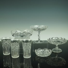 7pc Brilliant Period Cut Glass Table Set w/ Bowls, Compotes & Tumblers