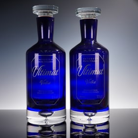 2pc Ultimat Vodka Display Bottles, 3 Liter Blue Glass with Stoppers