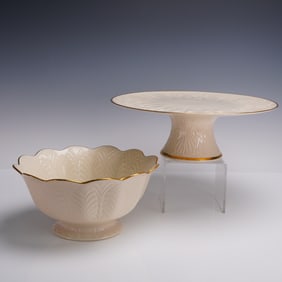 2pc Lenox Ivory Porcelain Bowl and Pedestal Cake Plate