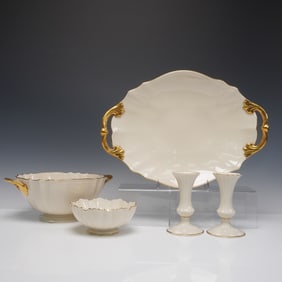 5pc Lenox Porcelain Gold Trim Porcelain Serving Pieces, Valencia Pattern
