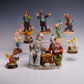 9pc Clown Figurine Lot Arnart Ron Lee Emmett Kelly Style
