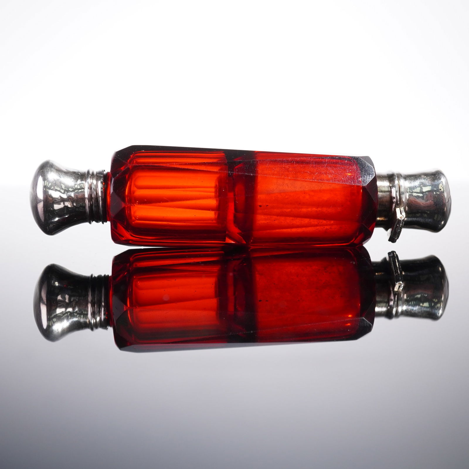 Dutch Silverplate and Metal-Mounted Double-Ended Ruby Glass Scent Bottle (1 of 4)