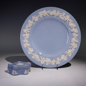 2pc Blue Jasperware Ring Box & Plate Set