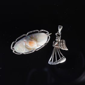 2pc Sterling Silver Angel Charm and Abalone Pin