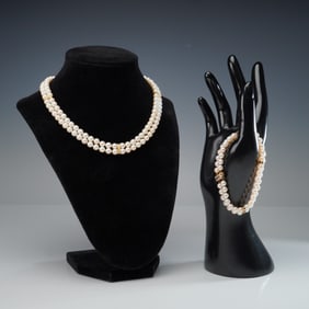 2pc Pearl Necklace and Bracelet Set With 14K Yellow Gold and Diamonds