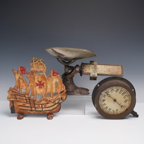 4pc Cast Iron Scale Gauge and Ship Doorstop Grouping