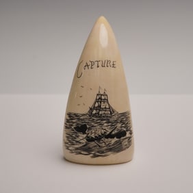 Scrimshaw on Antique Whale Tooth, Capture Whaling Scene