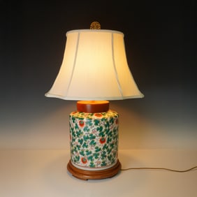 Chinese Ginger Jar Table Lamp, Green Floral Painted Porcelain