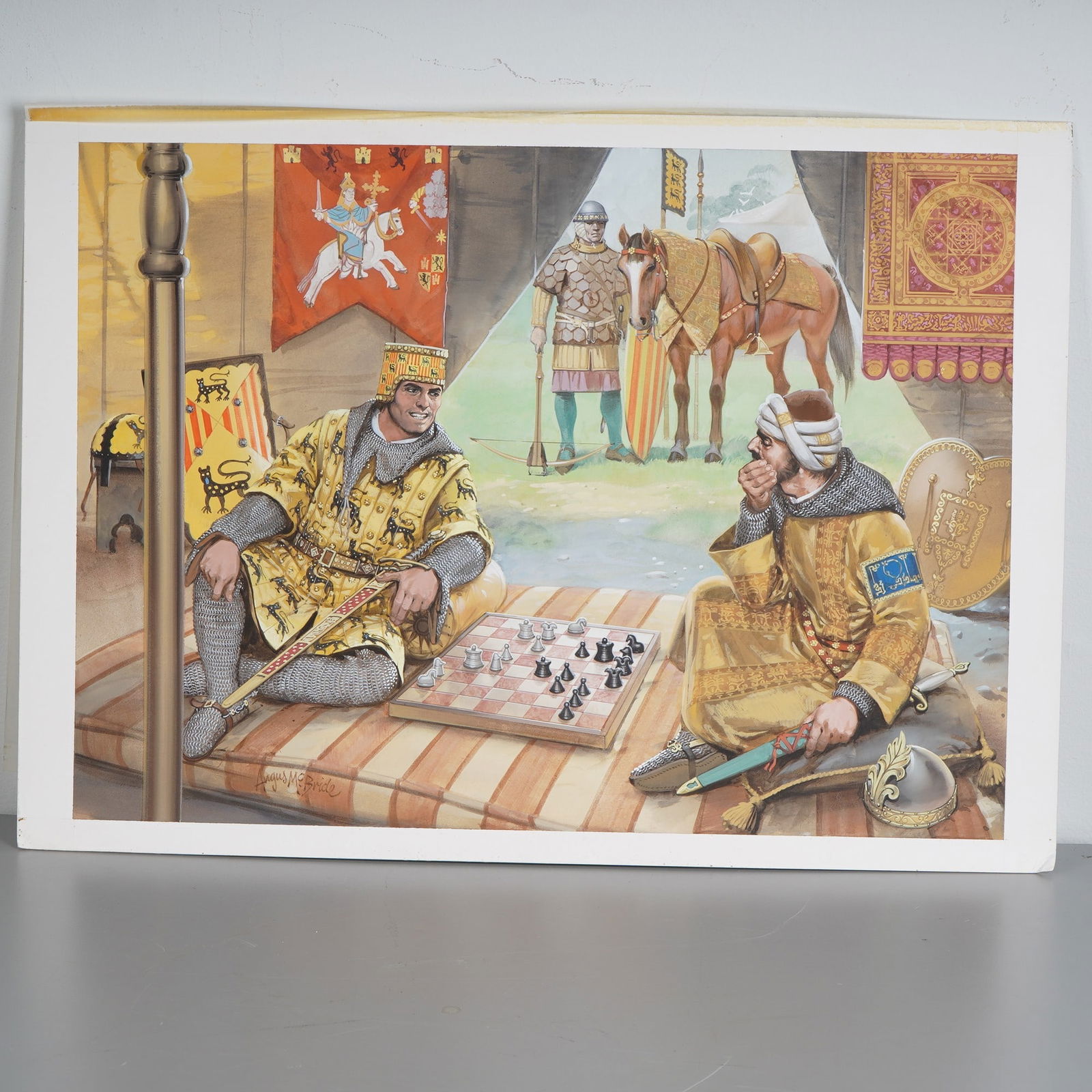 Angus McBride Original Gouache on Board, Medieval Chess Players, Signed (1 of 6)