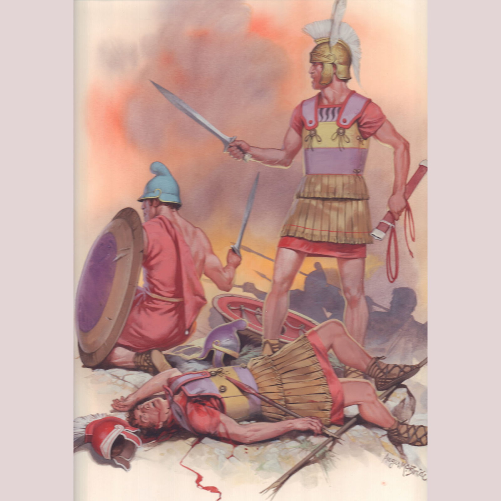 Angus McBride Original Gouache on Board, Roman Soldiers in Battle, Signed: A gripping original gouache painting by the legendary Angus McBride, this work captures the tense aftermath of a Roman clash, with a commanding officer standing amid fallen comrades as smoke and dista
