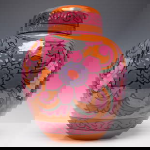 Italian Pottery Covered Ginger Jar: Italian ginger pot featuring a vivid hand-painted floral design in bold tones of orange, magenta, and purple with black outlines. The exterior surface showcases large stylized flower motifs and scroll