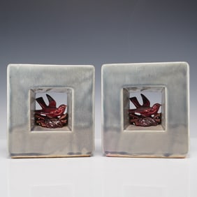 2pc McCoy Pottery Square Vases with Red Birds