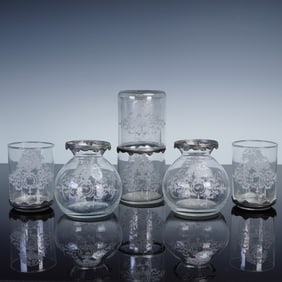 6pc Chanill Etched Glass Tumblers with Pewter Trim