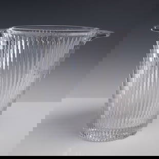 Diamond Fire Champagne Bucket: A vintage clear glass ice bucket featuring a tapered cylindrical form with pronounced vertical ribbing and molded integral handles at either side. The flared rim and deeply star-cut base enhance its o