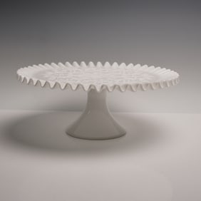 Fenton Spanish Lace Ruffle White Milk Glass Ped Cake Stand