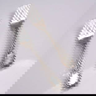 2pc Buccellati Sterling Silver Fish/Salad Forks, Monte Mario Pattern: Pair of impressive fish or salad forks in the luxurious Monte Mario pattern by Buccellati, introduced in 1996. Each fork is crafted in sterling silver and showcases a richly detailed floral and scroll