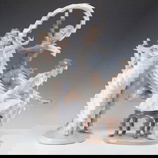 3pc Nao by Lladro Figurines, Ballet Dancers: Collection of three Nao by Lladro porcelain figurines depicting graceful ballet dancers in various poses. The group includes one duet of dancers in flowing pastel attire with floral detail, a solo dan