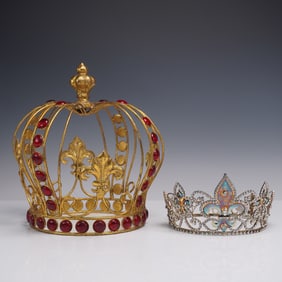 2pc Gilt Metal and Rhinestone Crowns with Fleur-de-Lis Motif