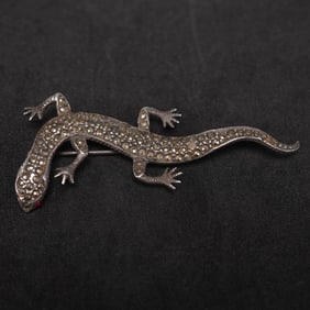 Sterling Silver Salamander Brooch, Marcasite and Red Stone Eyes