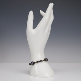 Sterling Silver Link Bracelet with Garnet and Peacock Simulated Pearls