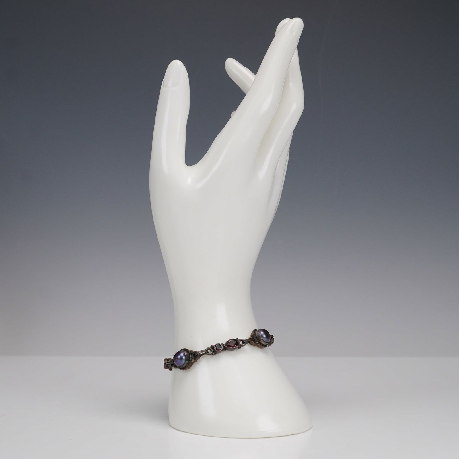 Sterling Silver Link Bracelet with Garnet and Peacock Simulated Pearls (1 of 6)