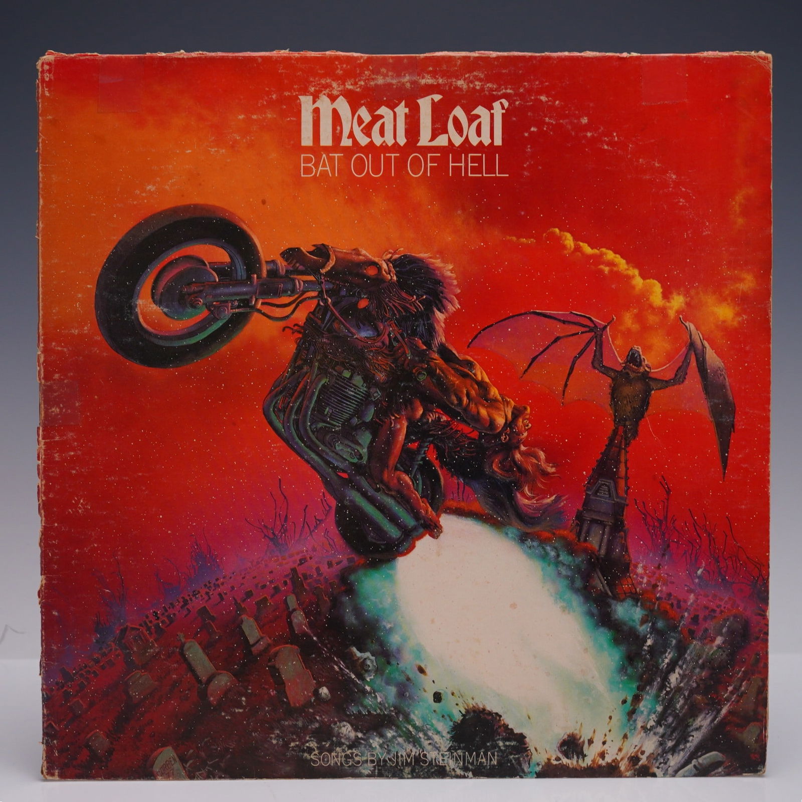 Meat Loaf Vinyl, Bat Out of Hell, Epic Records: Meat Loaf vinyl, Bat Out of Hell, Epic Records. Debut 1977 rock opera album featuring songs by Jim Steinman. Issued by Epic and Cleveland International Records with purple-black label and iconic gatef