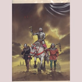 Angus McBride Original Gouache on Board, Armored Knight and Escorts, Signed