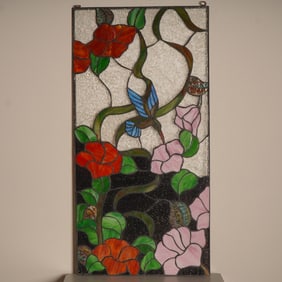 Stained Glass Panel with Hummingbird and Morning Glories
