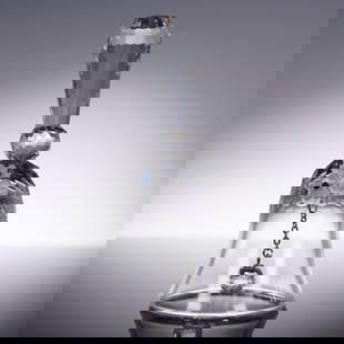 Swarovski Crystal Small Table Bell: Swarovski Silver Crystal table bell designed by Max Schreck. This elegant bell features a faceted handle, frosted floral applique, and a faceted clapper suspended on a chain. Stands approximately 3.5