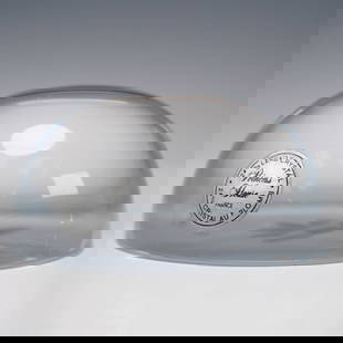 Princess House Crystal Paperweight, Floral Etching: Clear round crystal paperweight by Princess House, France, crafted of 24% lead crystal. Features an internal etched design of a daisy-like flower with delicate leaves. Original label intact on the bas