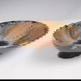 Studio Art Pottery Footed Bowl with Flowing Earth-Tone Glaze: A handsome studio pottery bowl with a shallow flared profile and raised foot, measuring approximately 2.5 inches high and 6.5 inches in diameter. The interior is finished in a flowing multicolor glaze