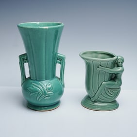 2pc McCoy Pottery Vases, Aqua Teal