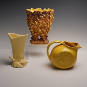 3pc McCoy Pottery Group - Grapevine Jardiniere, Floral Pitcher & Leaf Motif