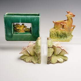 4pc Vintage McCoy Pottery Including Window & Deer Vase plus Floral Bookends