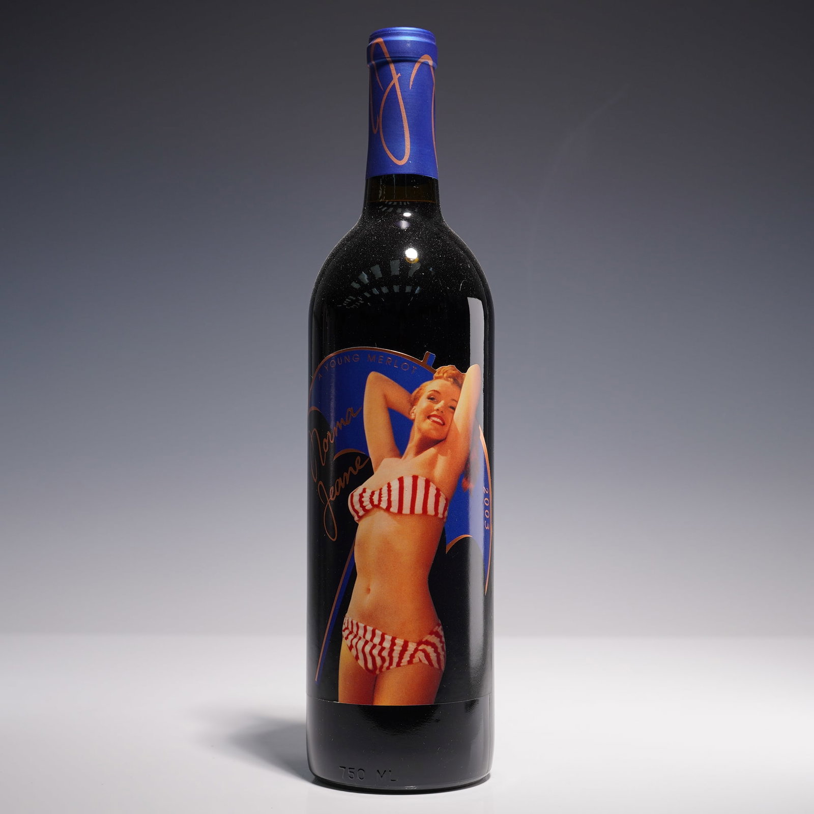 2003 Norma Jeane, Young Merlot, 750ml Wine Bottle: A collectible 750ml bottle of 2003 Norma Jeane, Young Merlot by Nova Wines, Napa, California. This limited edition bottling celebrates the youthful image of Marilyn Monroe (Norma Jeane) with a strikin