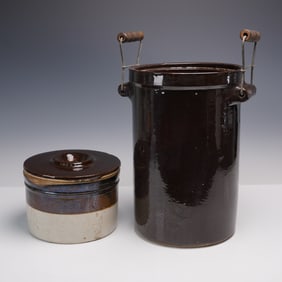 2pc Glazed Stoneware Butter Churn and Crock