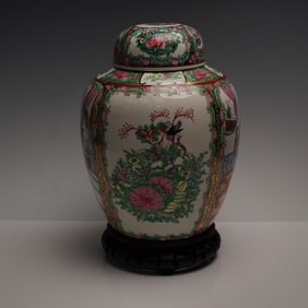 Chinese Famille Rose Ginger Jar- Courtyard Figures & Floral Panels + Stand