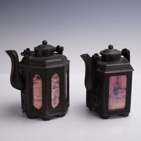 2pc Chinese-style Metal Teapots with Porcelain Panels