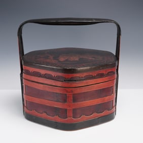 Chinese Lacquered Hexagonal Lunch Basket with Handle