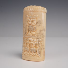 Carved Bone Cricket Box with Owl Motif