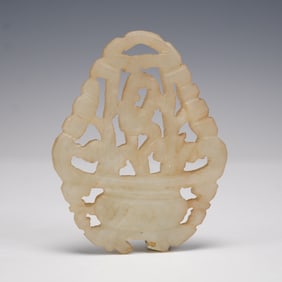 Chinese Carved Stone Pendant, Basket of Flowers