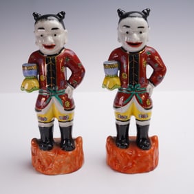 2pc Chinoiserie Ceramic Male Figures Hand Painted Pair