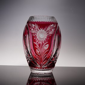 Czech Cranberry Cut-to-Clear Lead Crystal Vase